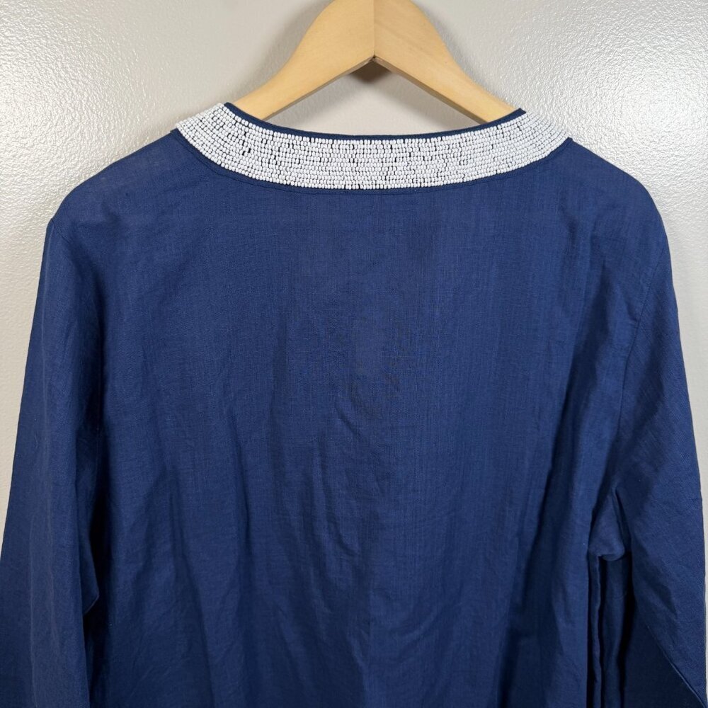 Talbots Aqua Club Beaded Linen Blend Tunic Top Size X Blue Caftan Cover Up - Picture 10 of 11